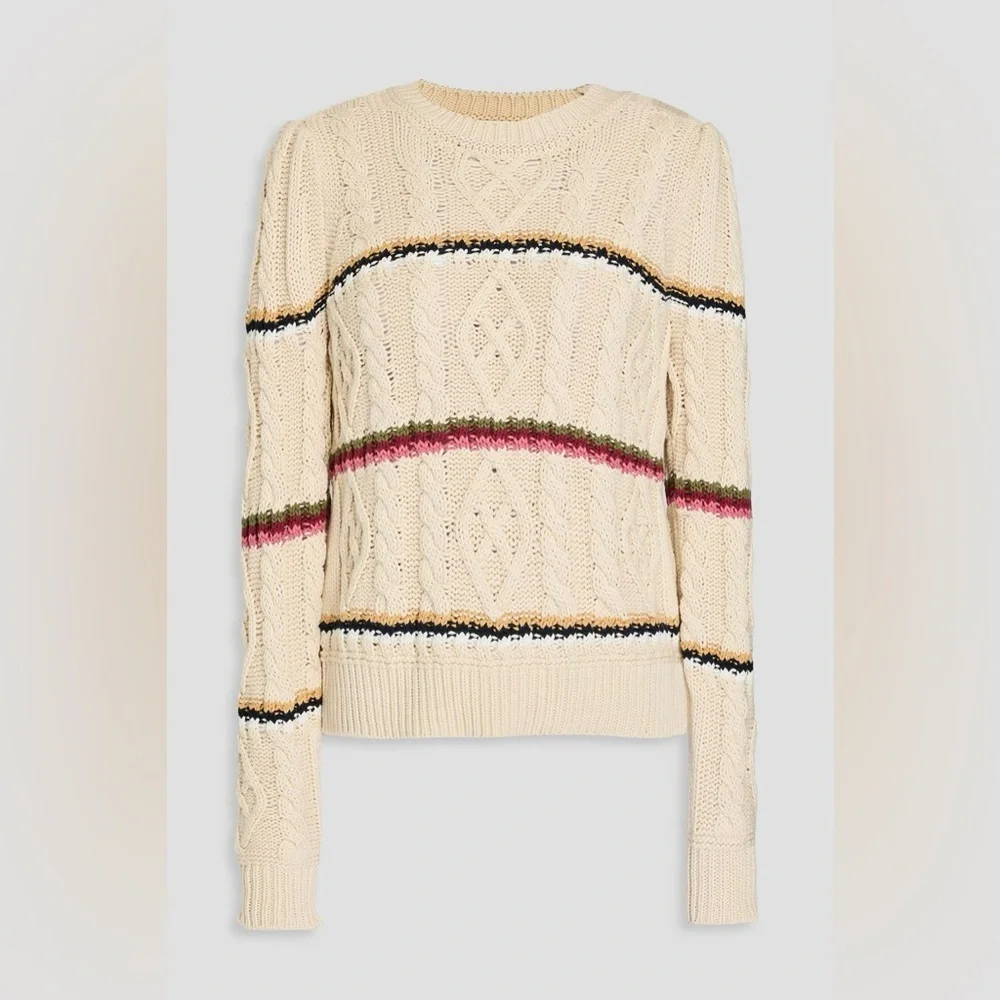 VERONICA BEARD Bruna striped cable-knit cotton-blend sweater in Ecru size medium